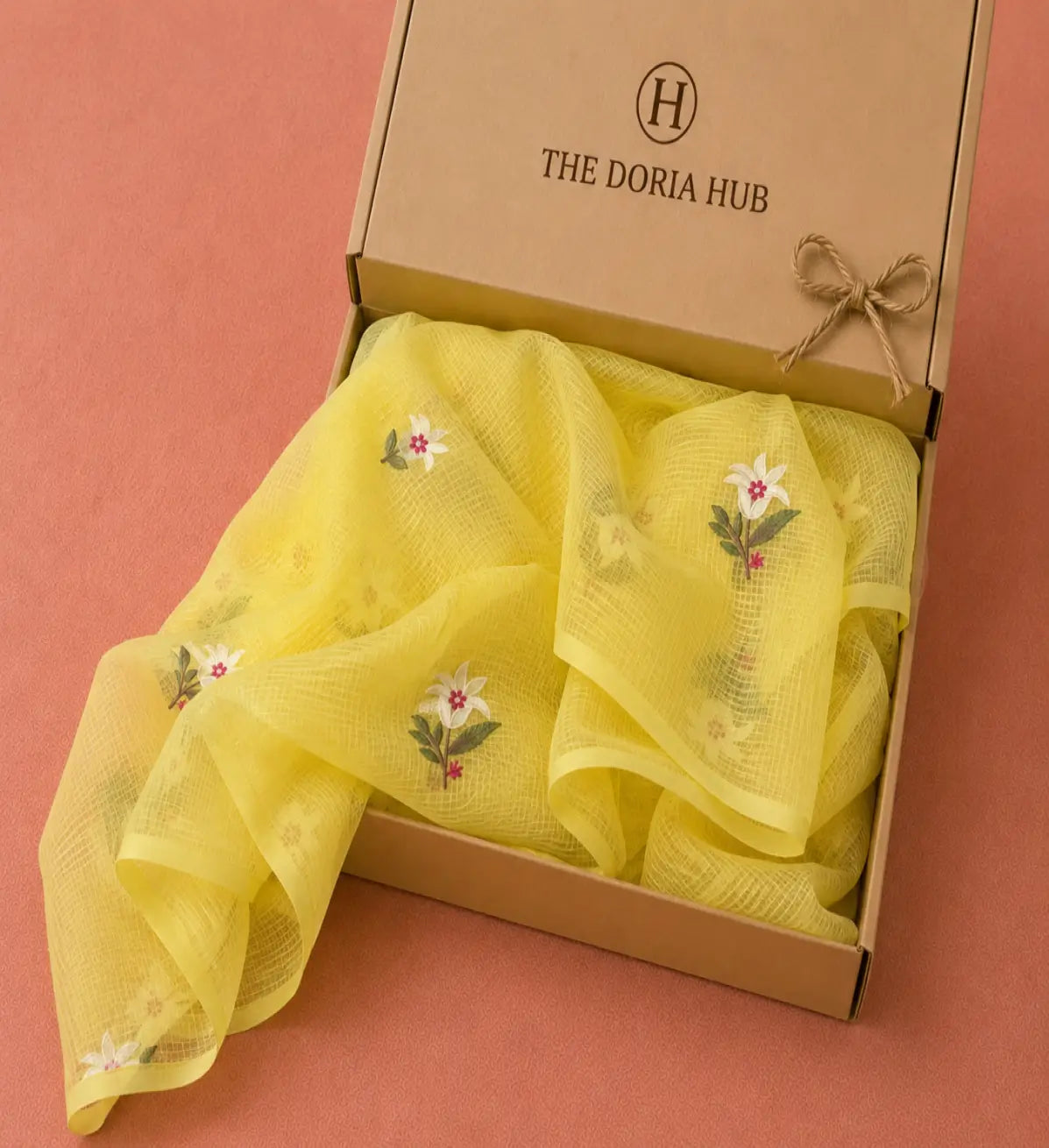 Sunshine Yellow Kota Doria Floral Printed Dress Material with Embroidered Cotton Bottom