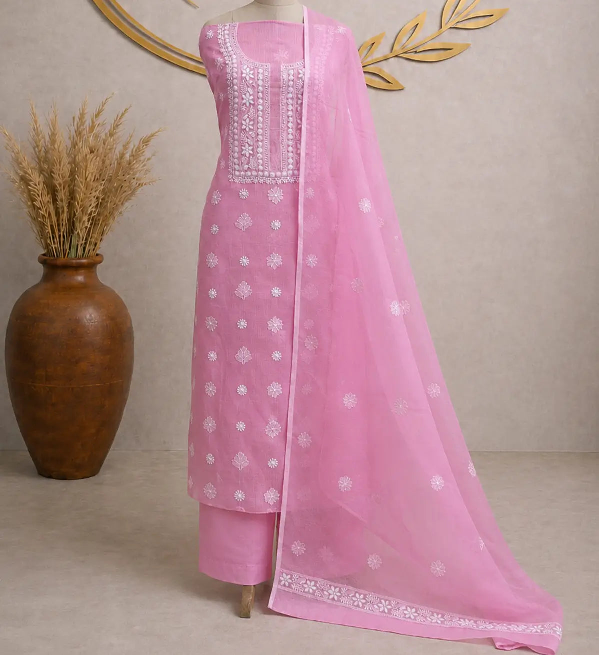 Blush Pink Kota Doria Embroidered Dress Material with Matching Dupatta