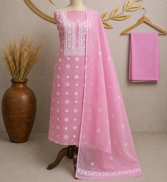 Blush Pink Kota Doria Embroidered Dress Material with Matching Dupatta