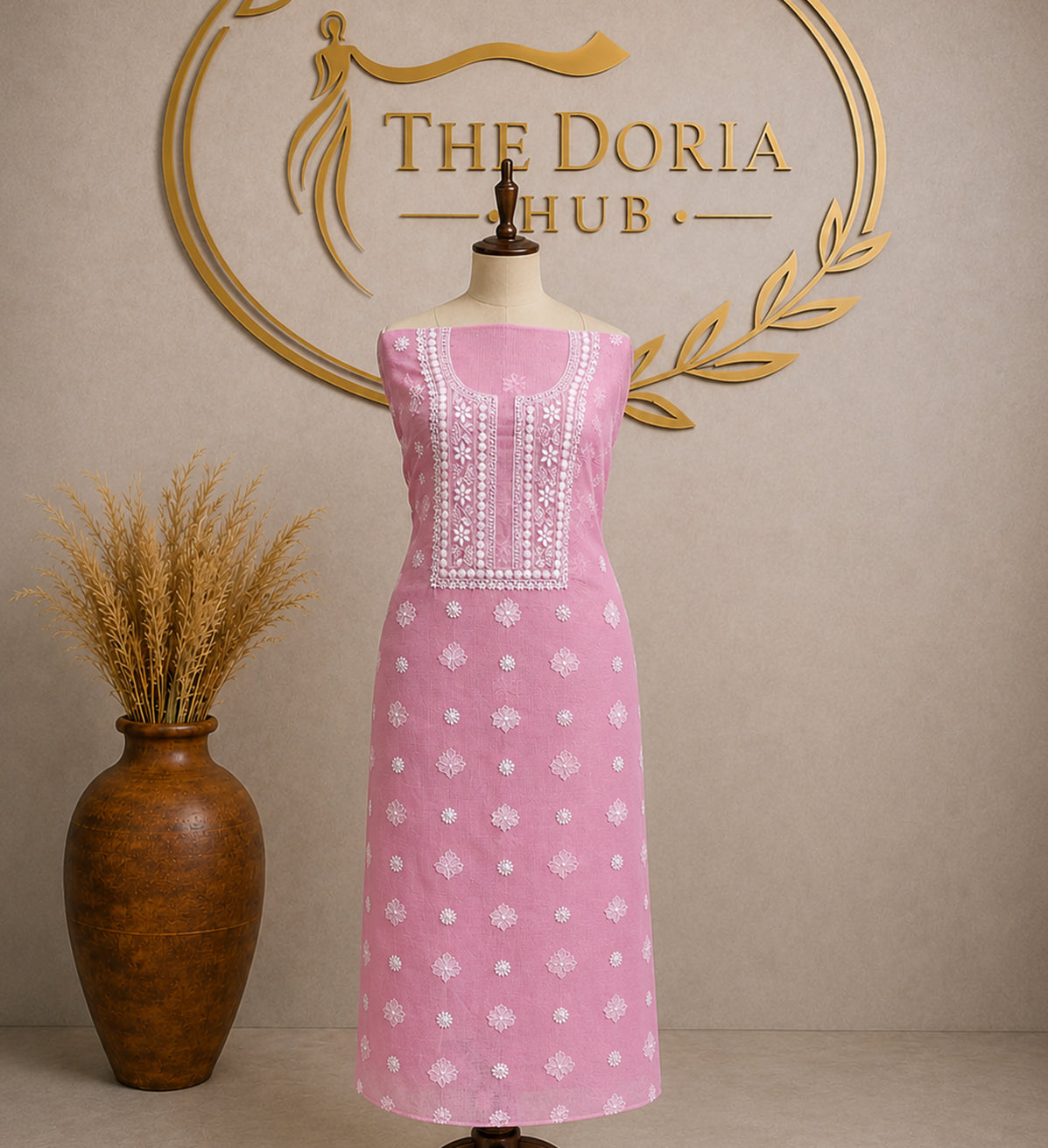 Blush Pink Kota Doria Embroidered Dress Material with Matching Dupatta