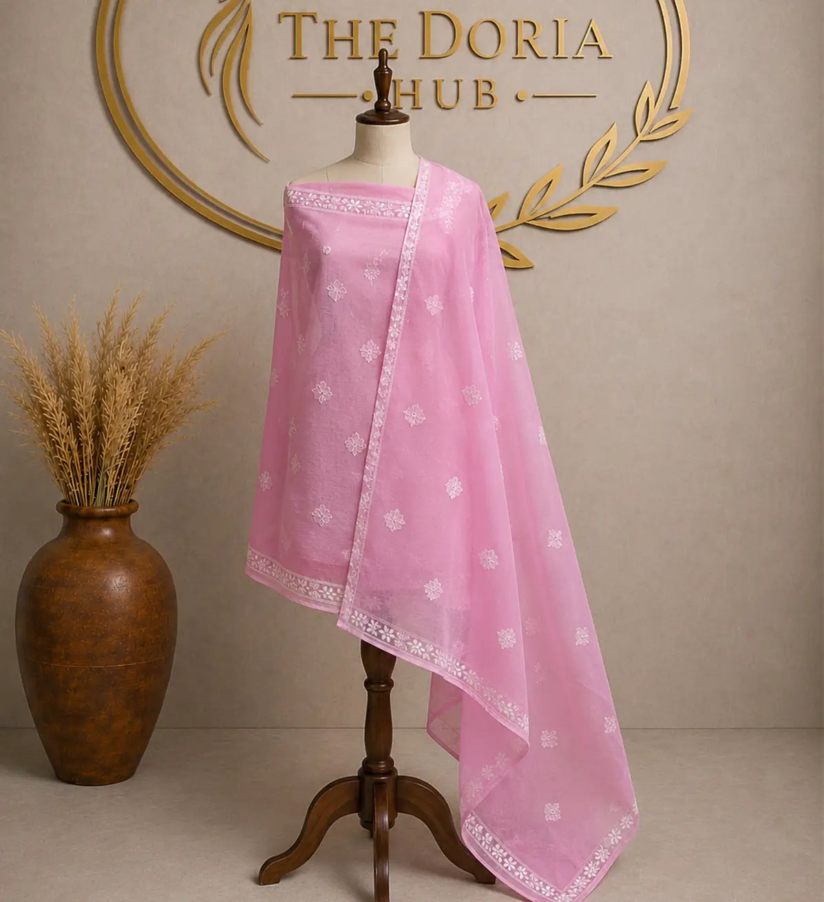 Blush Pink Kota Doria Embroidered Dress Material with Matching Dupatta