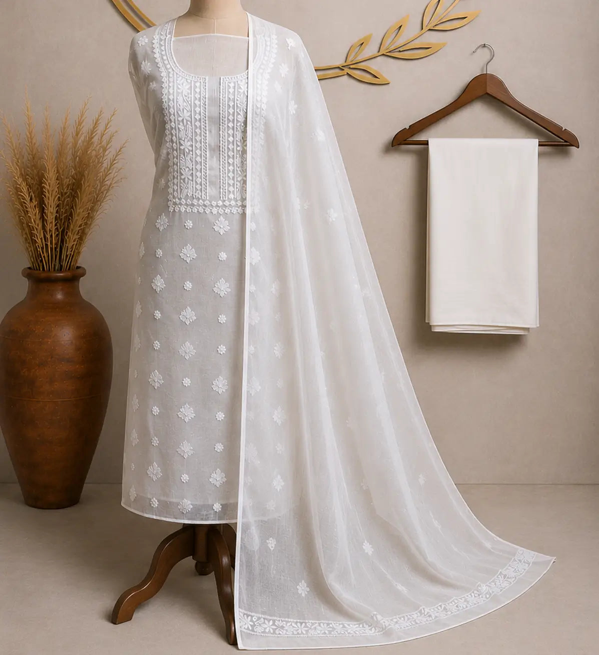 Ivory White Kota Doria Embroidered Dress Material with Matching Dupatta