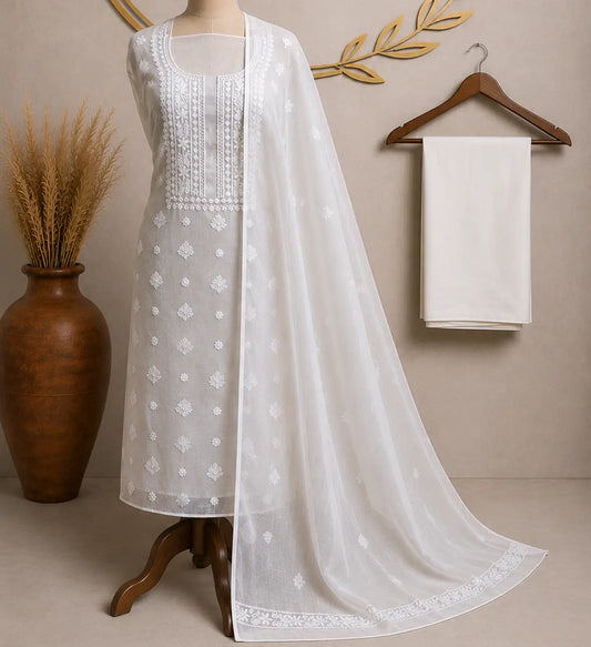 Ivory White Kota Doria Embroidered Dress Material with Matching Dupatta