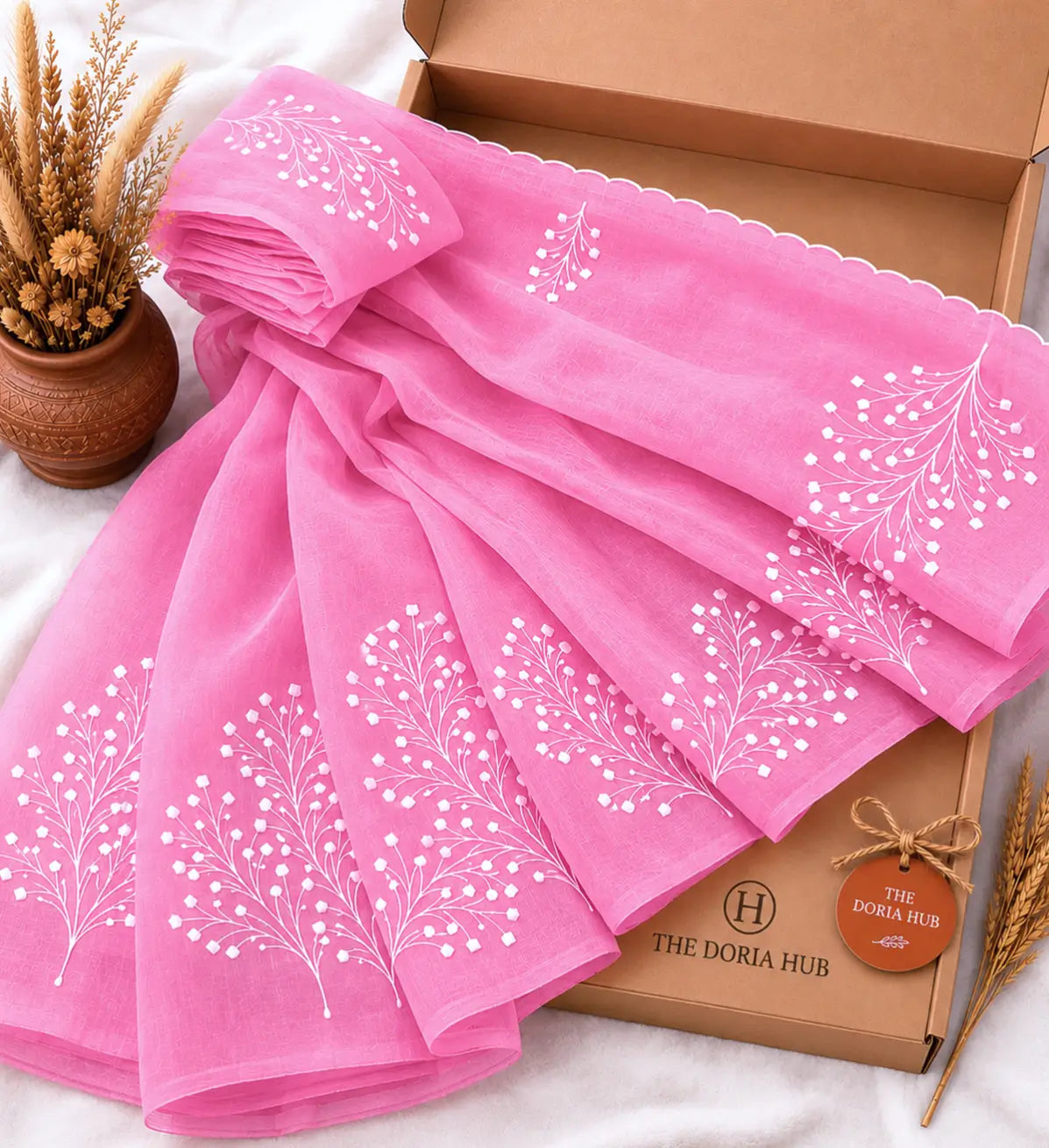 Blush Pink Kota Doria Embroidered Saree with Delicate Floral Motifs