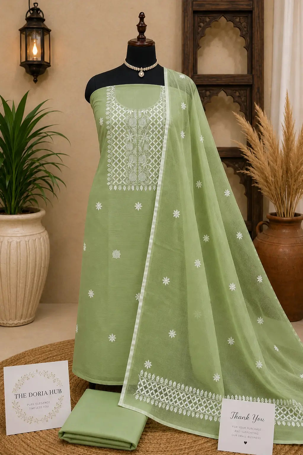 Elegant Pastel Charm with Timeless Kota Doria Embroidery