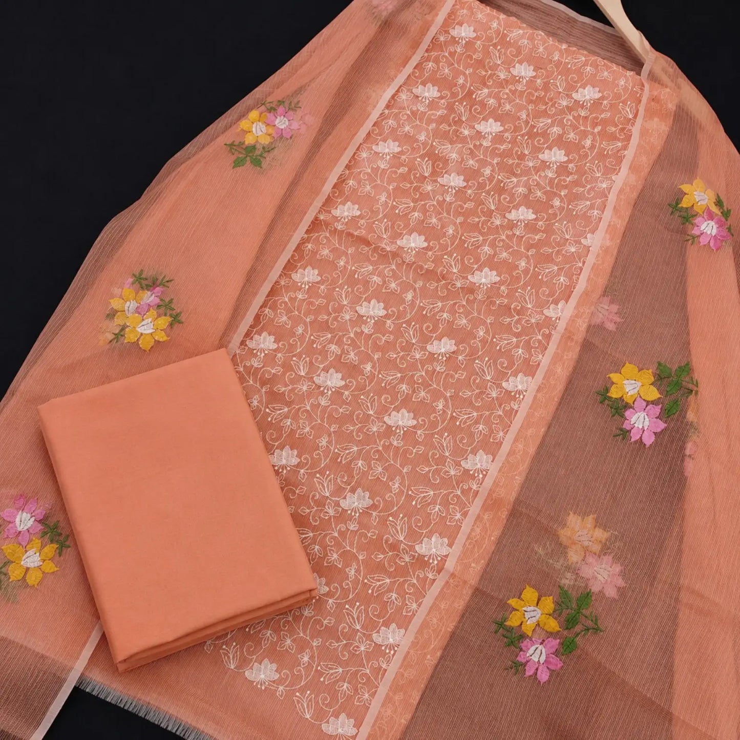 Peach Kota Doria Cotton Thread Embroidery Dress Material
