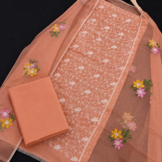 Peach Kota Doria Cotton Thread Embroidery Dress Material