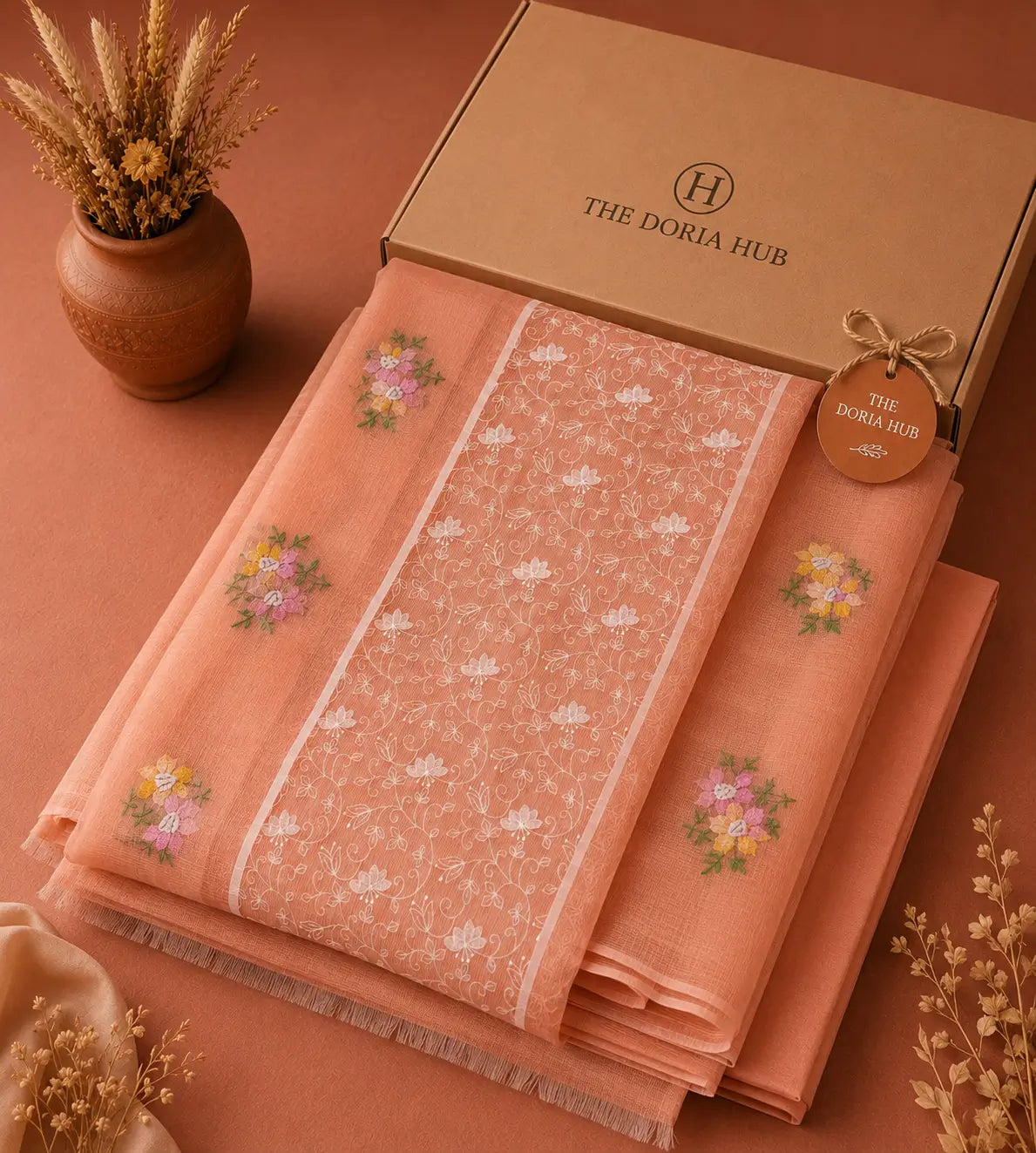 Peach Kota Doria Cotton Thread Embroidery Dress Material