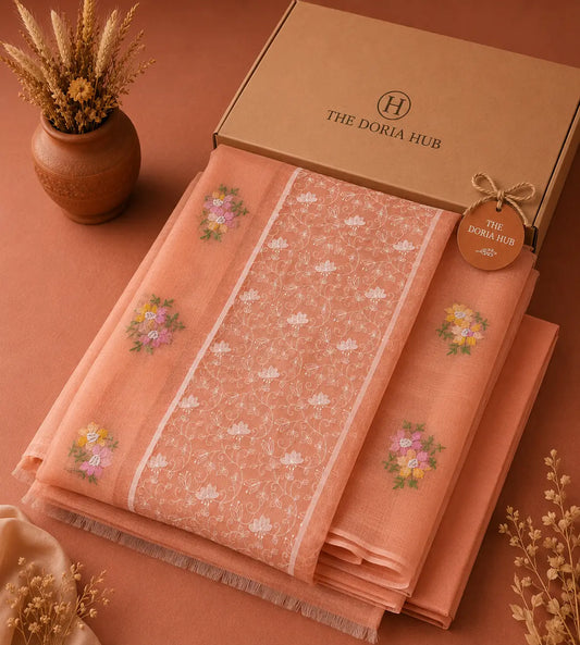 Peach Kota Doria Cotton Thread Embroidery Dress Material