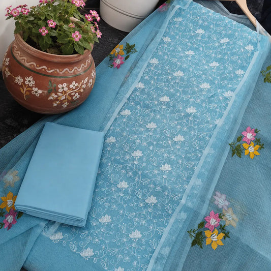 Sky Blue Kota Doria Cotton Thread Embroidery Work Beautiful Dress Material
