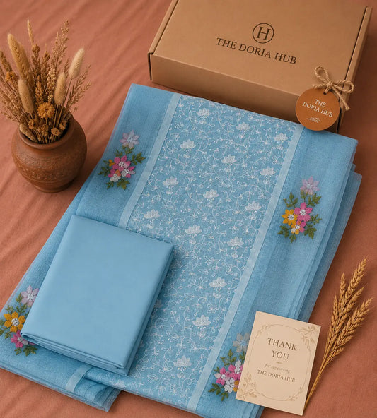 Sky Blue Kota Doria Cotton Thread Embroidery Work Beautiful Dress Material