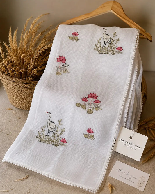 White Kota Cotton Thread Embroidery Saree with Lotus & Crane Motifs