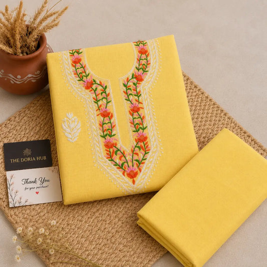 Sunshine Yellow Kota Doria Cotton Thread Embroidery Dress Material Set