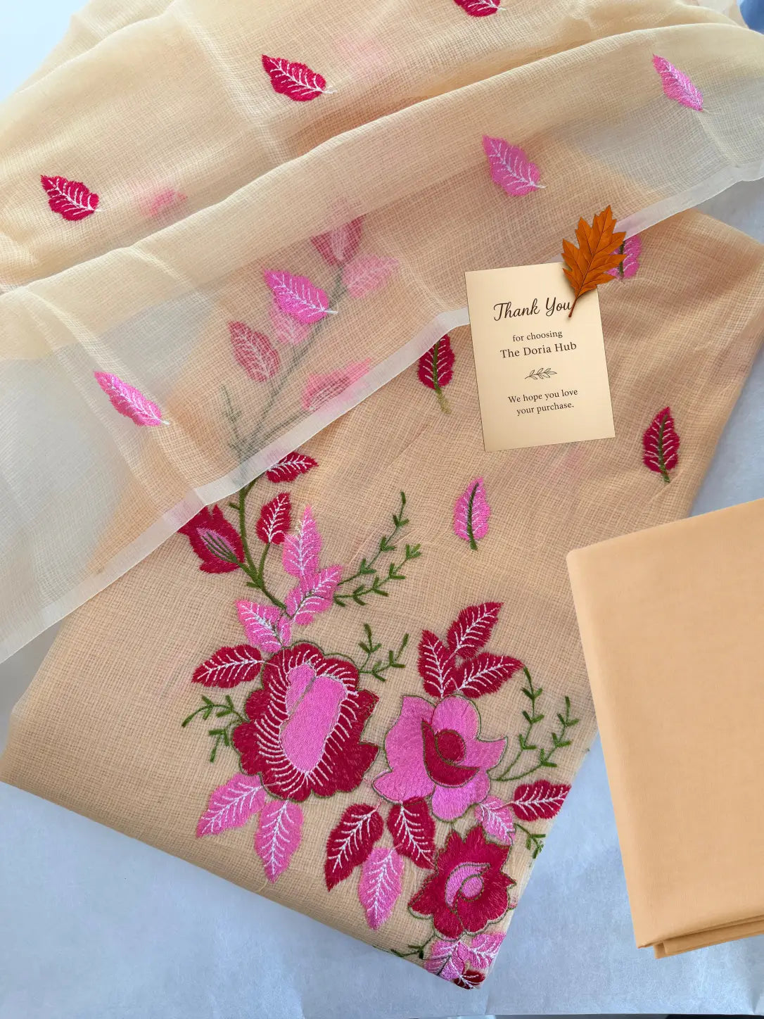 Soft Peach Kota Doria Cotton Thread Embroidery Dress Material Set