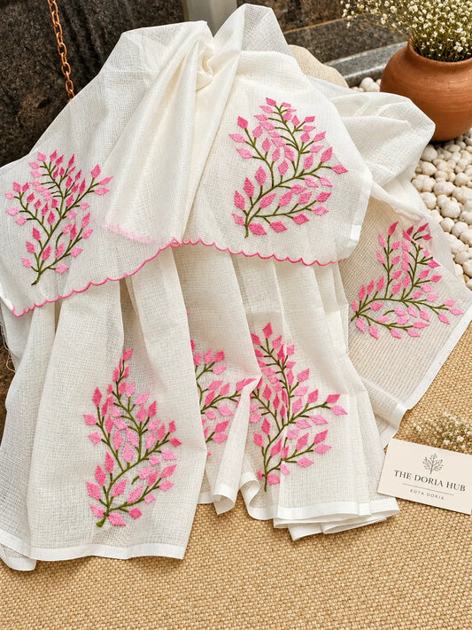 White & Pink Embroidered Kota Doria Cotton Saree with Blouse