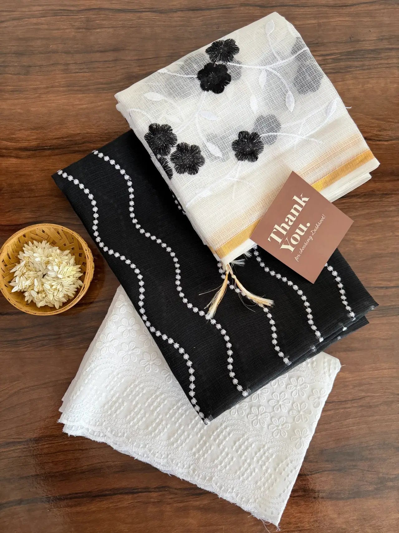 Black and White Kota Doria Dress Material with Embroidered Cotton Bottom & Dupatta