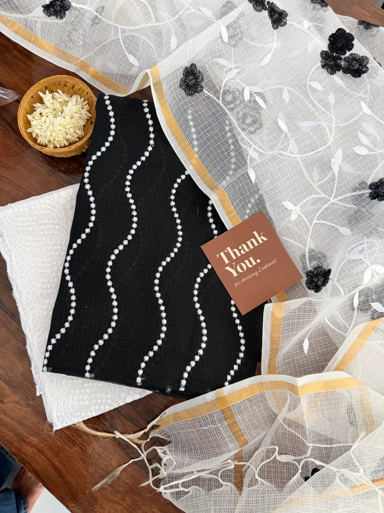 Black and White Kota Doria Dress Material with Embroidered Cotton Bottom & Dupatta