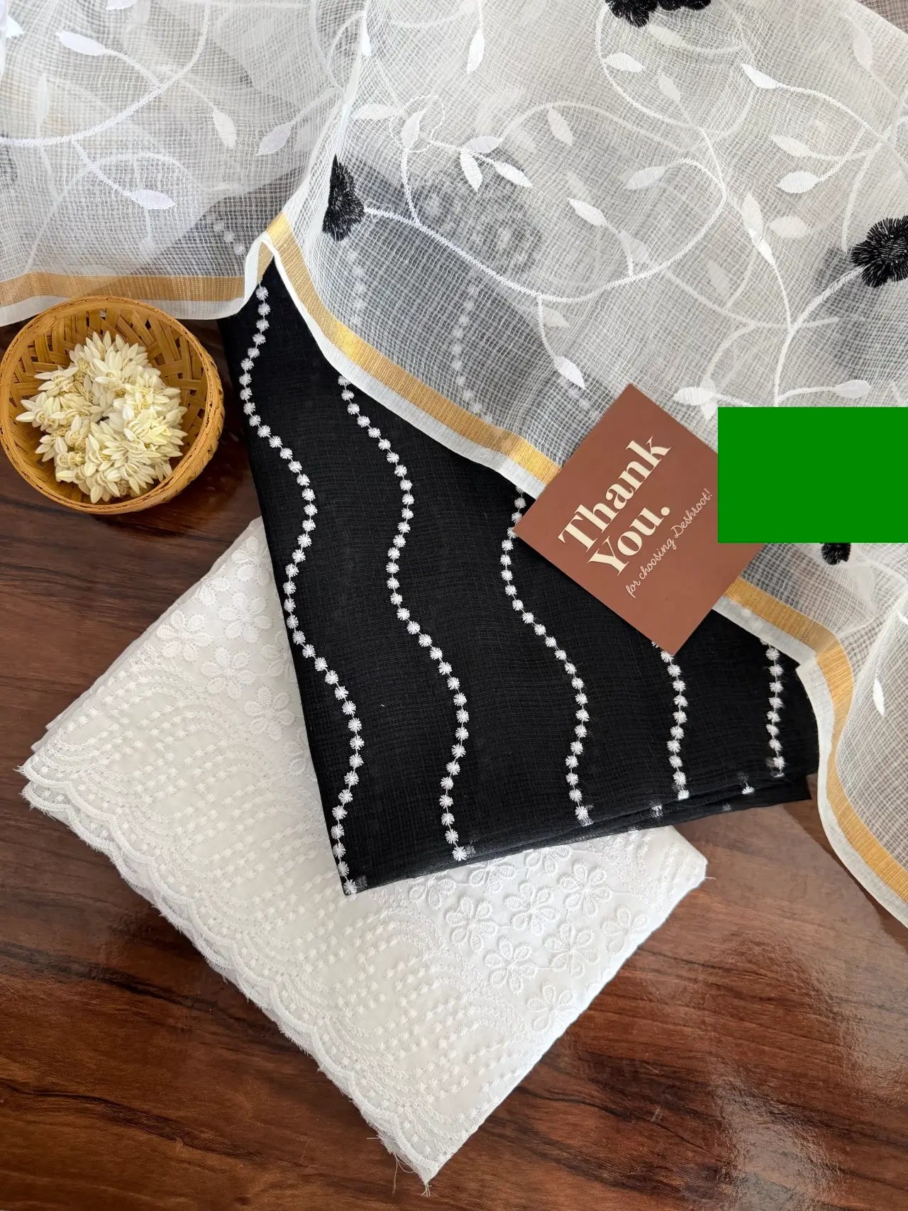 Black and White Kota Doria Dress Material with Embroidered Cotton Bottom & Dupatta