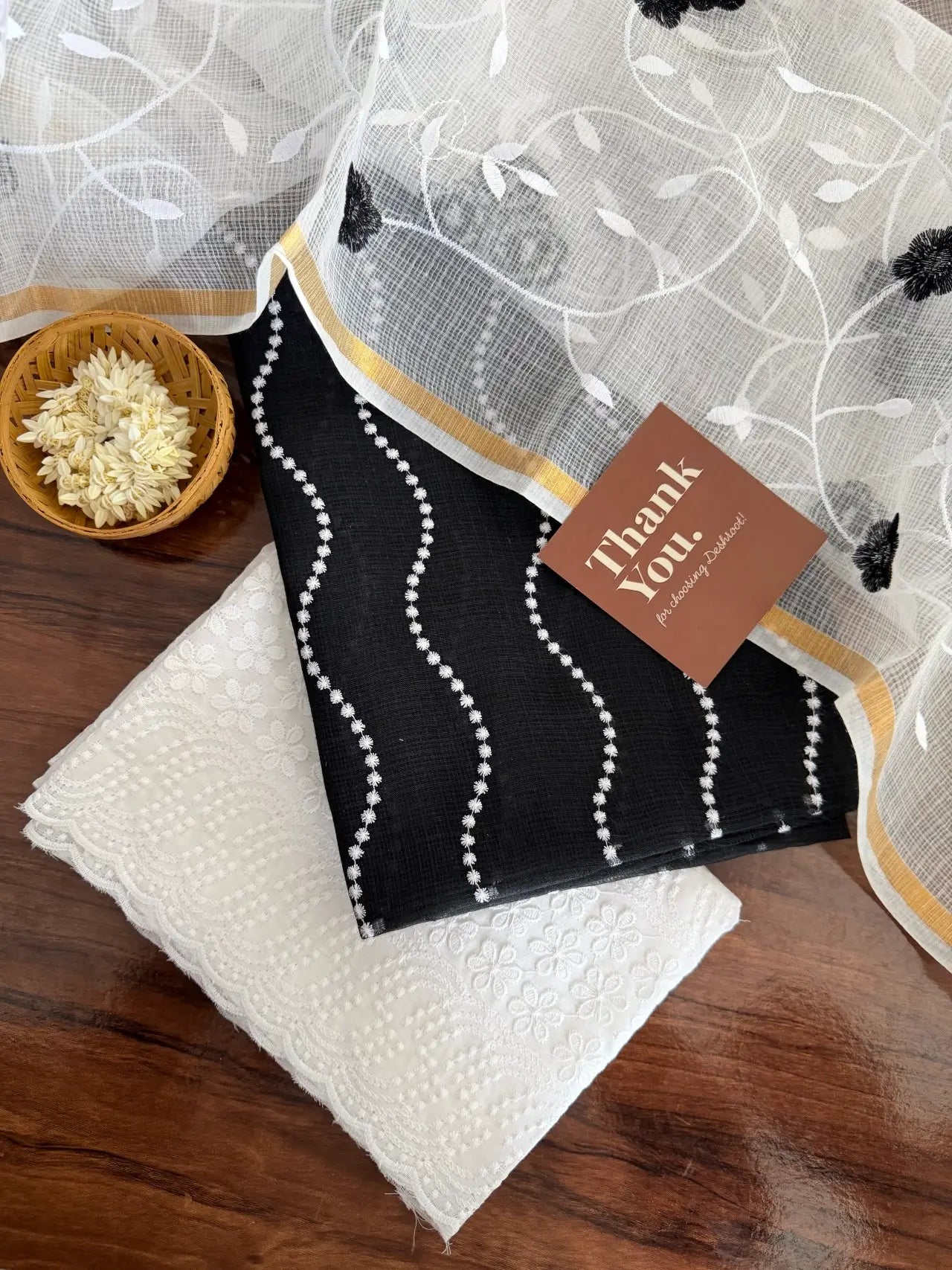 Black and White Kota Doria Dress Material with Embroidered Cotton Bottom & Dupatta