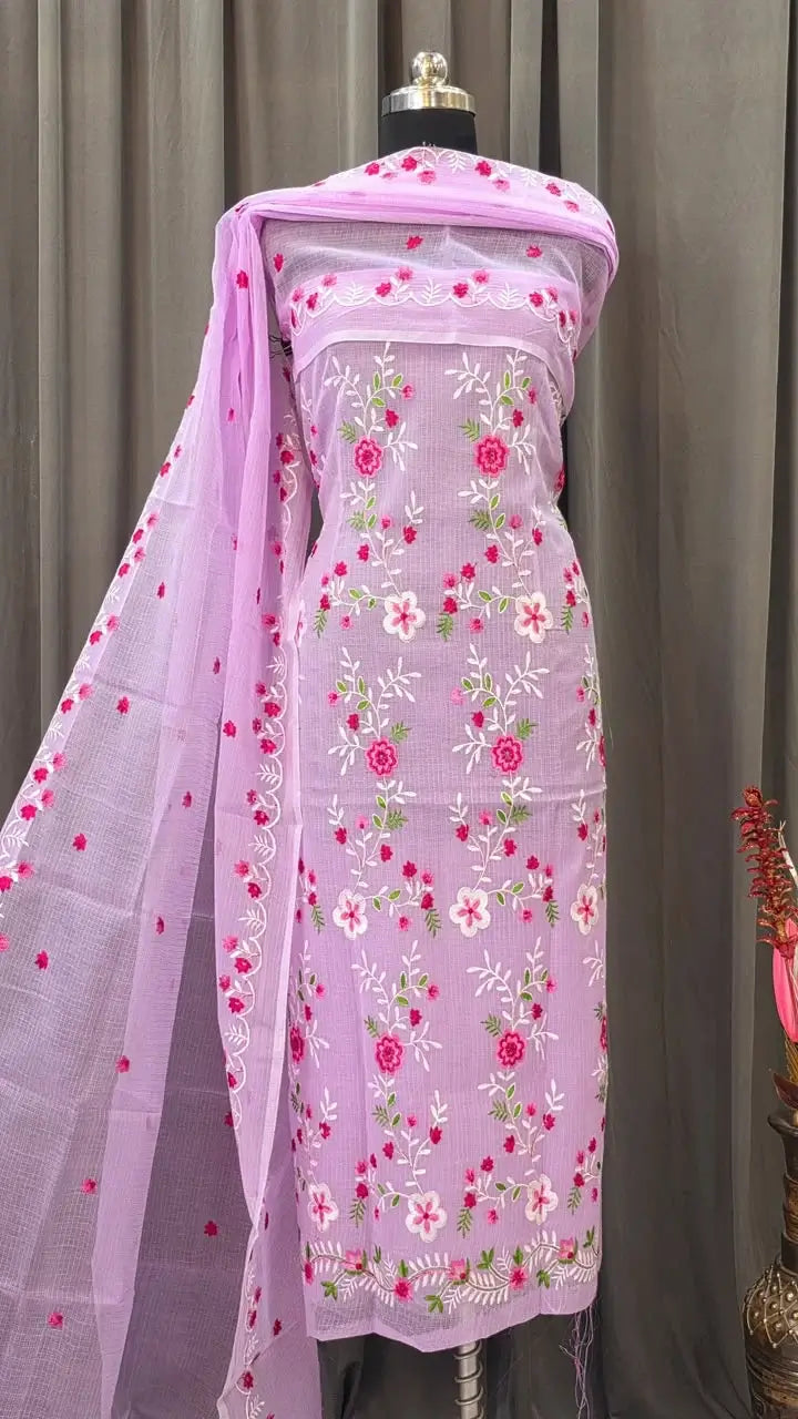 Lavender Kota Doria Embroidered Dress Material with Floral Work
