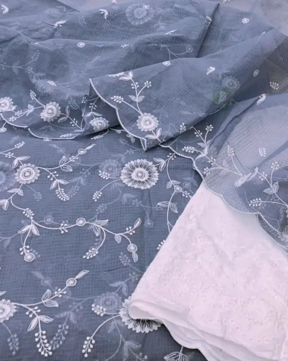 Slate Blue Kota Doria Embroidered Dress Material with White Floral Work
