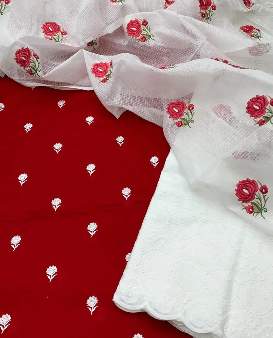 Red Kota Doria dress material with pink rose embroidered dupatta