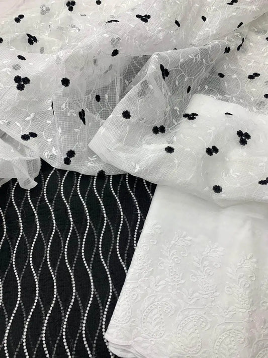 Black and White Kota Doria Dress Material with Embroidered Cotton Bottom & Dupatta