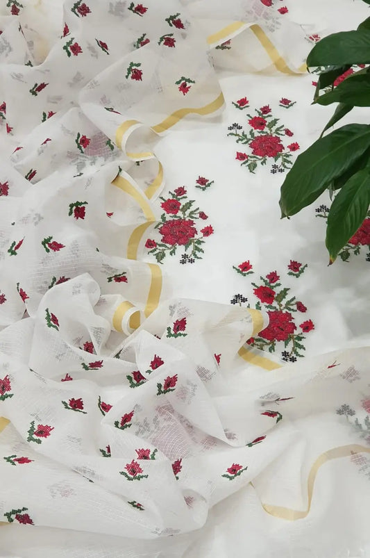 White and Red Kota Doria Dress Material with Embroidered Cotton Bottom & Floral Embroidered Dupatta