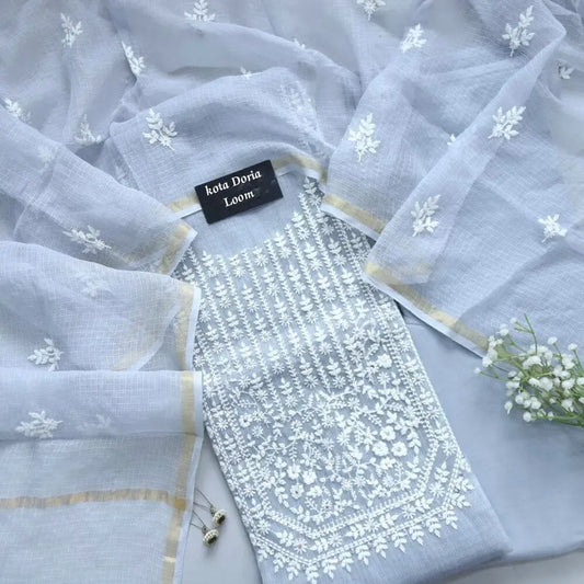 Lavender Kota Doria Cotton Thread Embroidery Dress Material Set
