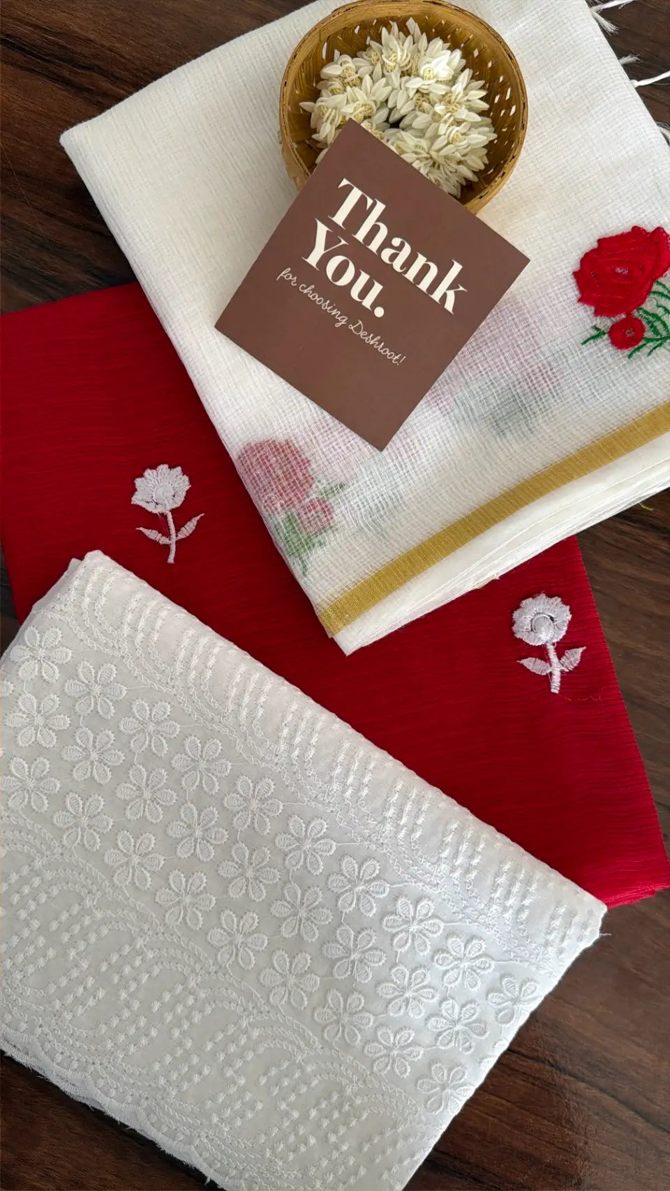 Rad & White Kota Doria Dress Material with Embroidered Cotton Bottom & Floral Dupatta