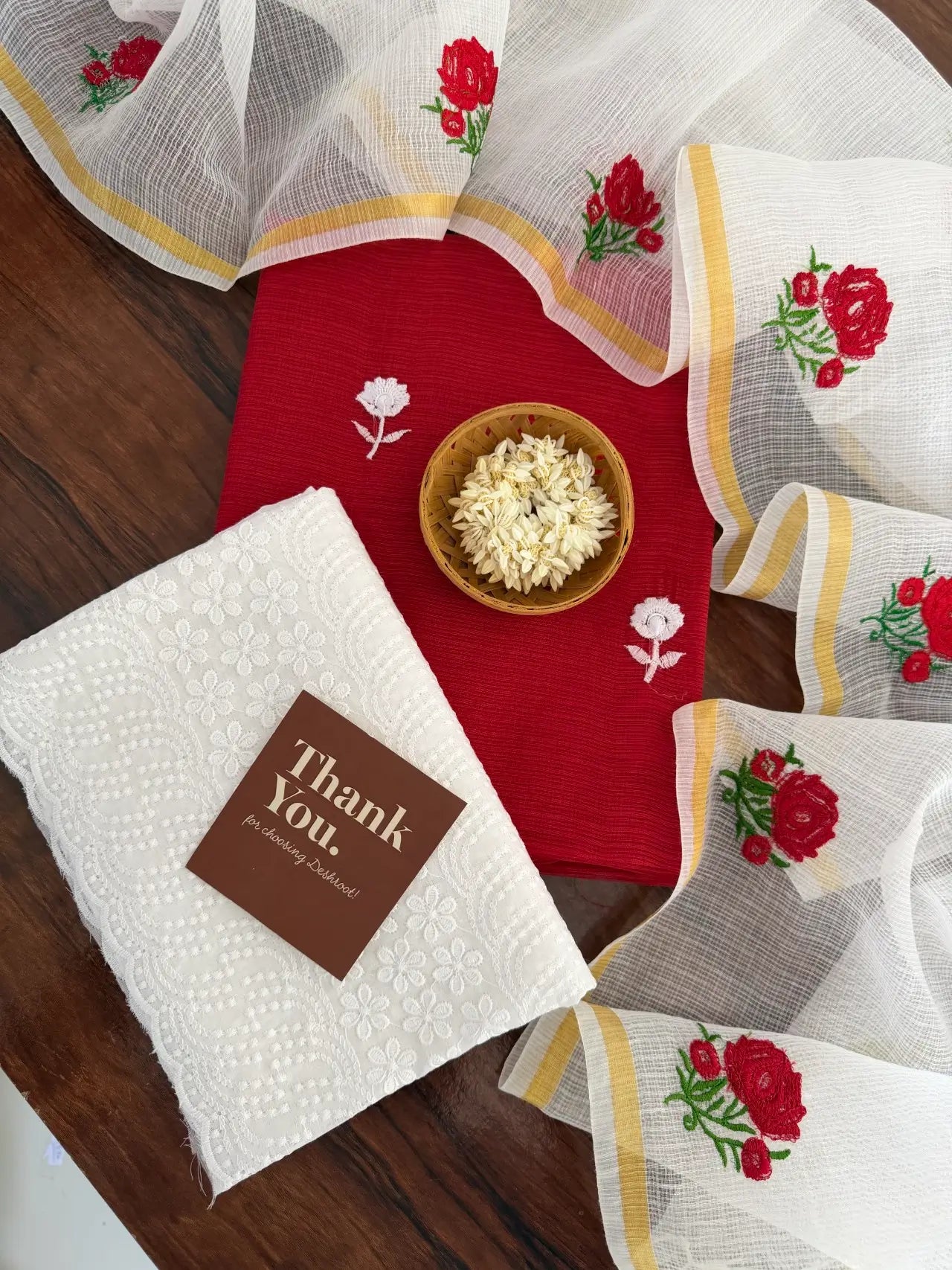 Rad & White Kota Doria Dress Material with Embroidered Cotton Bottom & Floral Dupatta