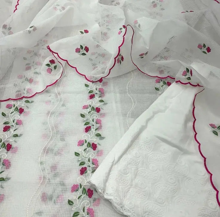 White and Red Kota Doria Dress Material with Embroidered Cotton Bottom & Floral Embroidered Dupatta