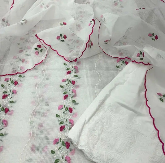 White and Red Kota Doria Dress Material with Embroidered Cotton Bottom & Floral Embroidered Dupatta