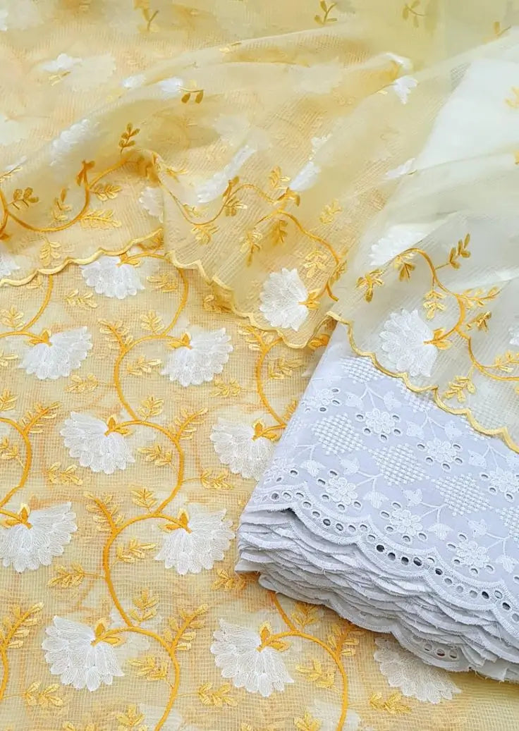 Yellow & White Floral Kota Doria Dress Material with Embroidered Cotton Bottom & Dupatta
