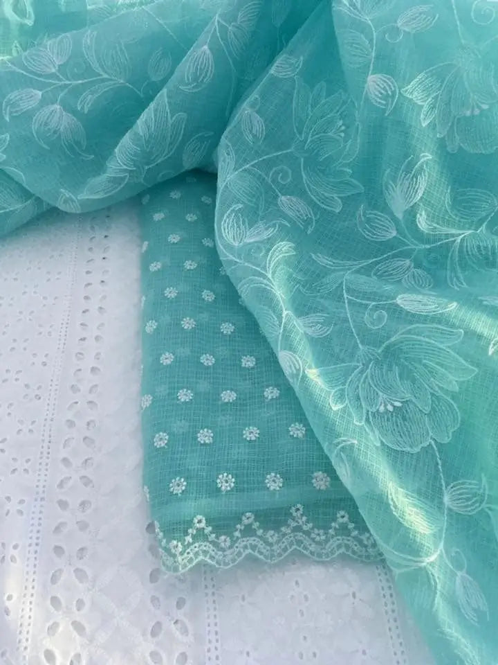 Aqua Blue & White Floral Kota Doria Dress Material with Embroidered Cotton Bottom & Dupatta