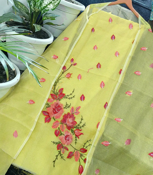 Yellow Kota Doria Embroidered Dress Material