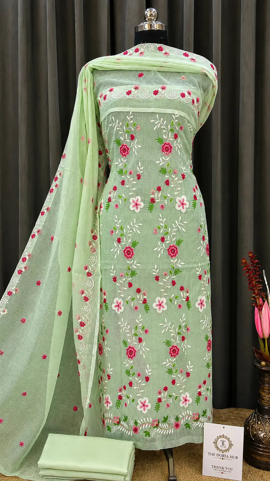 Pastel Green Kota Doria Embroidered Dress Material