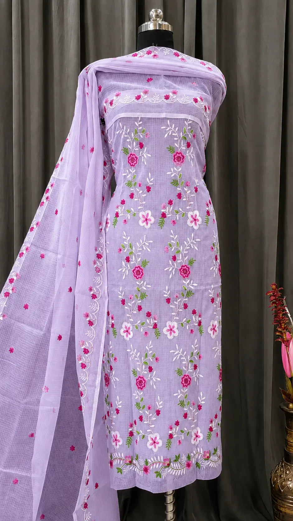 Lavender Kota Doria Floral Embroidered Dress Material