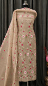Beige Kota Doria Floral Embroidered Dress Material