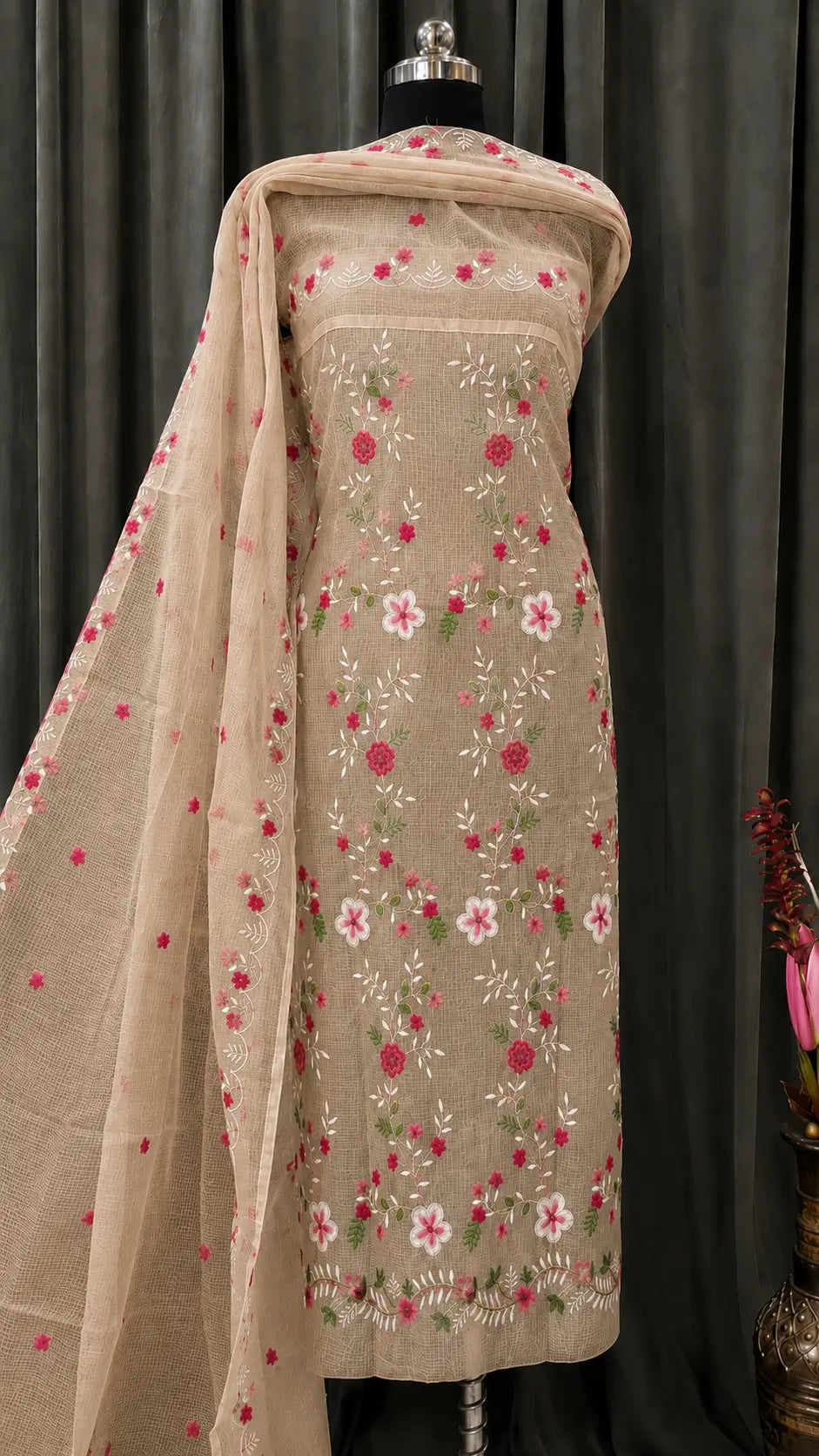 Beige Kota Doria Floral Embroidered Dress Material