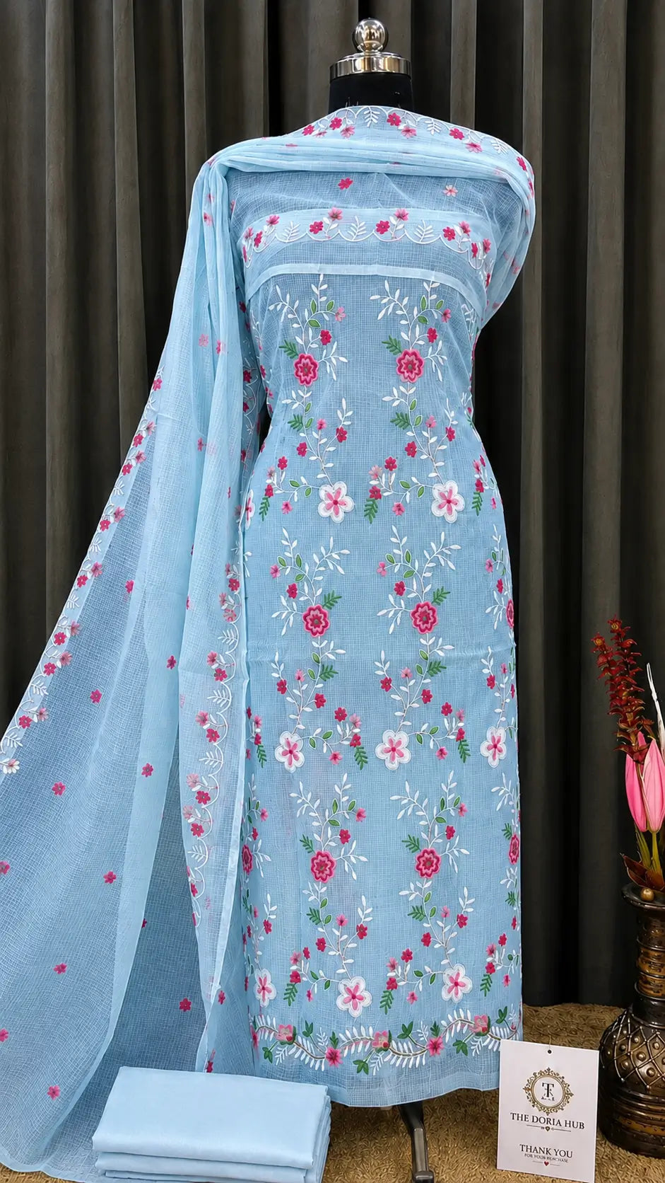 Sky Blue Kota Doria Floral Embroidered Dress Material