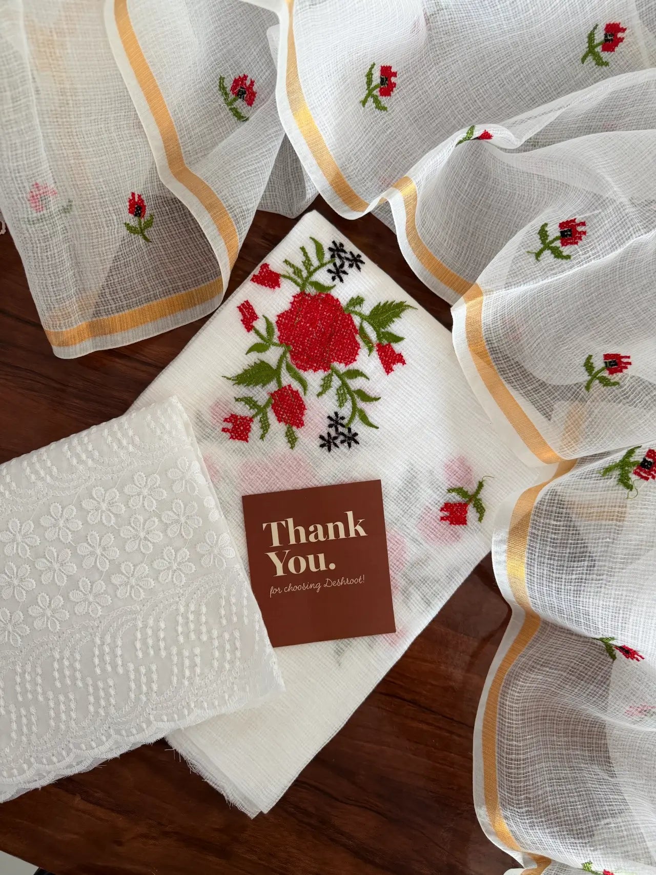 White Kota Doria Dress Material with Embroidered Cotton Bottom & Floral Embroidered Dupatta – Red & White