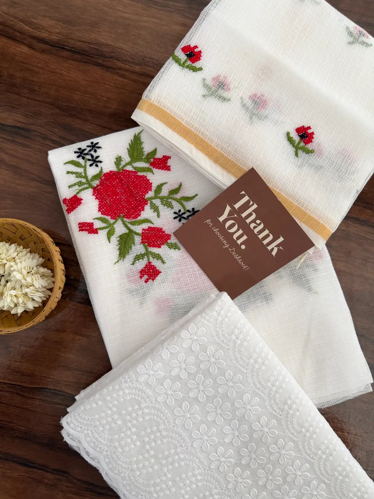 White Kota Doria Dress Material with Embroidered Cotton Bottom & Floral Embroidered Dupatta – Red & White