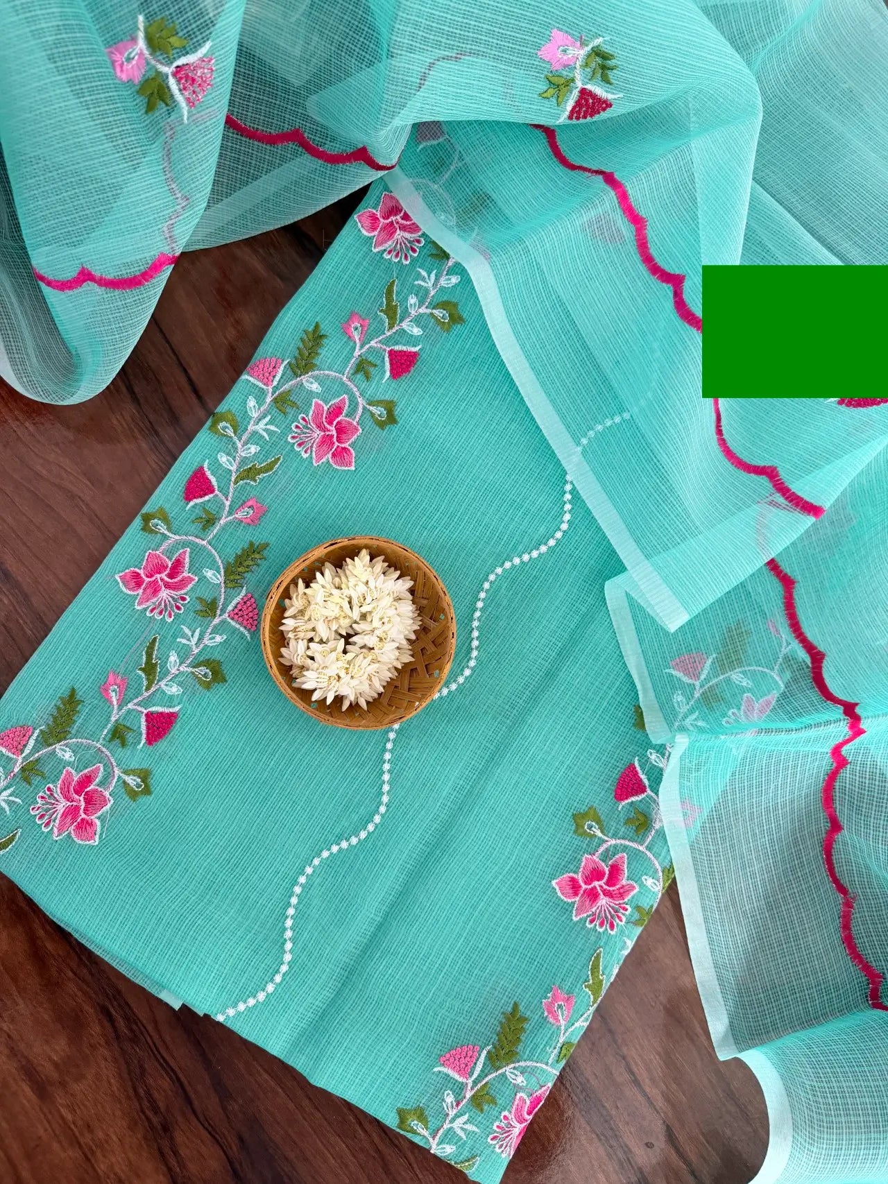 Aqua Green Kota Doria Dress Material with Embroidered Cotton Bottom & Floral Dupatta