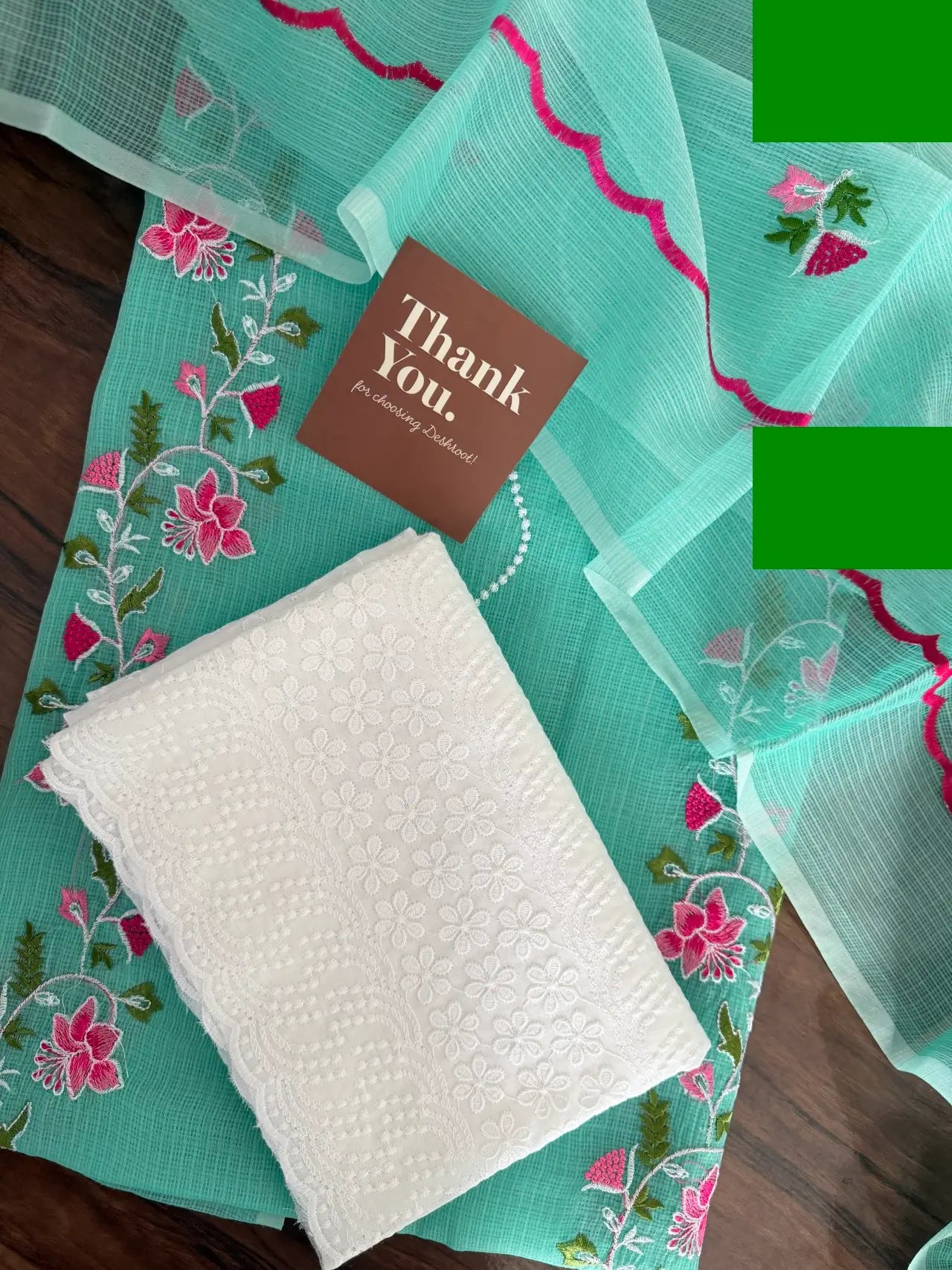 Aqua Green Kota Doria Dress Material with Embroidered Cotton Bottom & Floral Dupatta