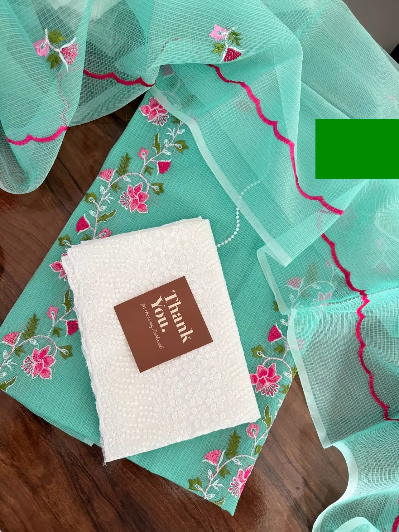 Aqua Green Kota Doria Dress Material with Embroidered Cotton Bottom & Floral Dupatta