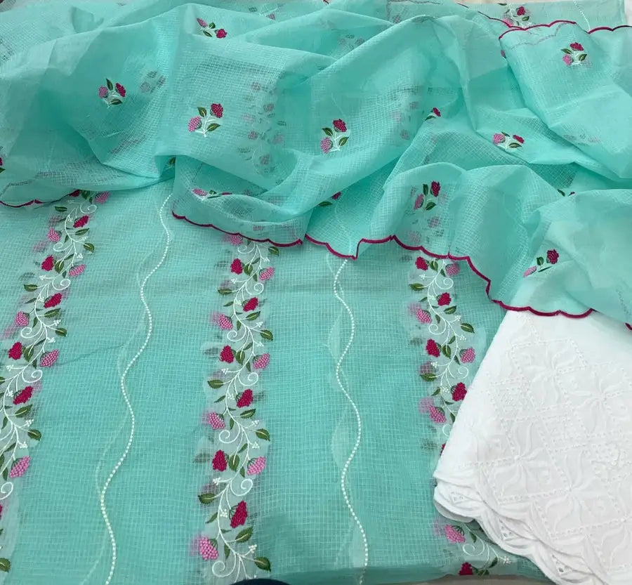 Sky Blue Kota Doria Dress Material with Embroidered Cotton Bottom & Floral Dupatta