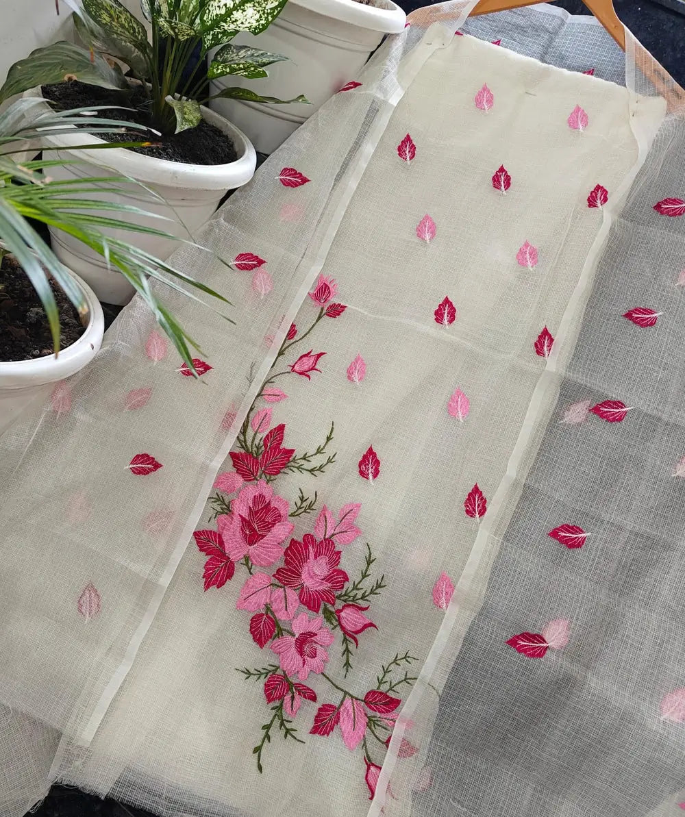 Ivory White, Pink & Magenta Kota Doria Dress Material with Embroidered Cotton Bottom & Dupatta