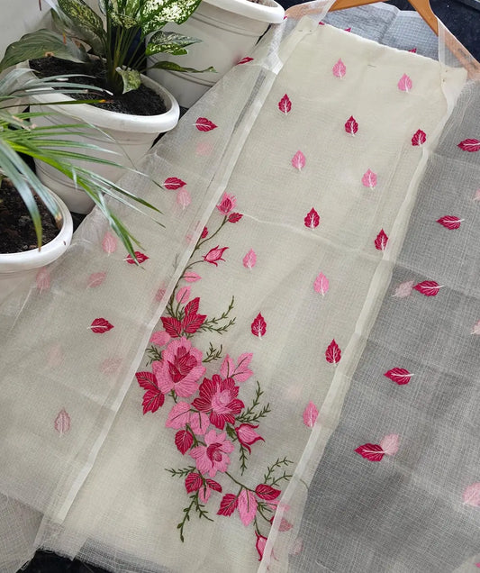 Ivory White, Pink & Magenta Kota Doria Dress Material with Embroidered Cotton Bottom & Dupatta