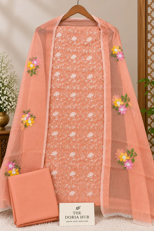 Peach Kota Doria Embroidered Dress Material Set